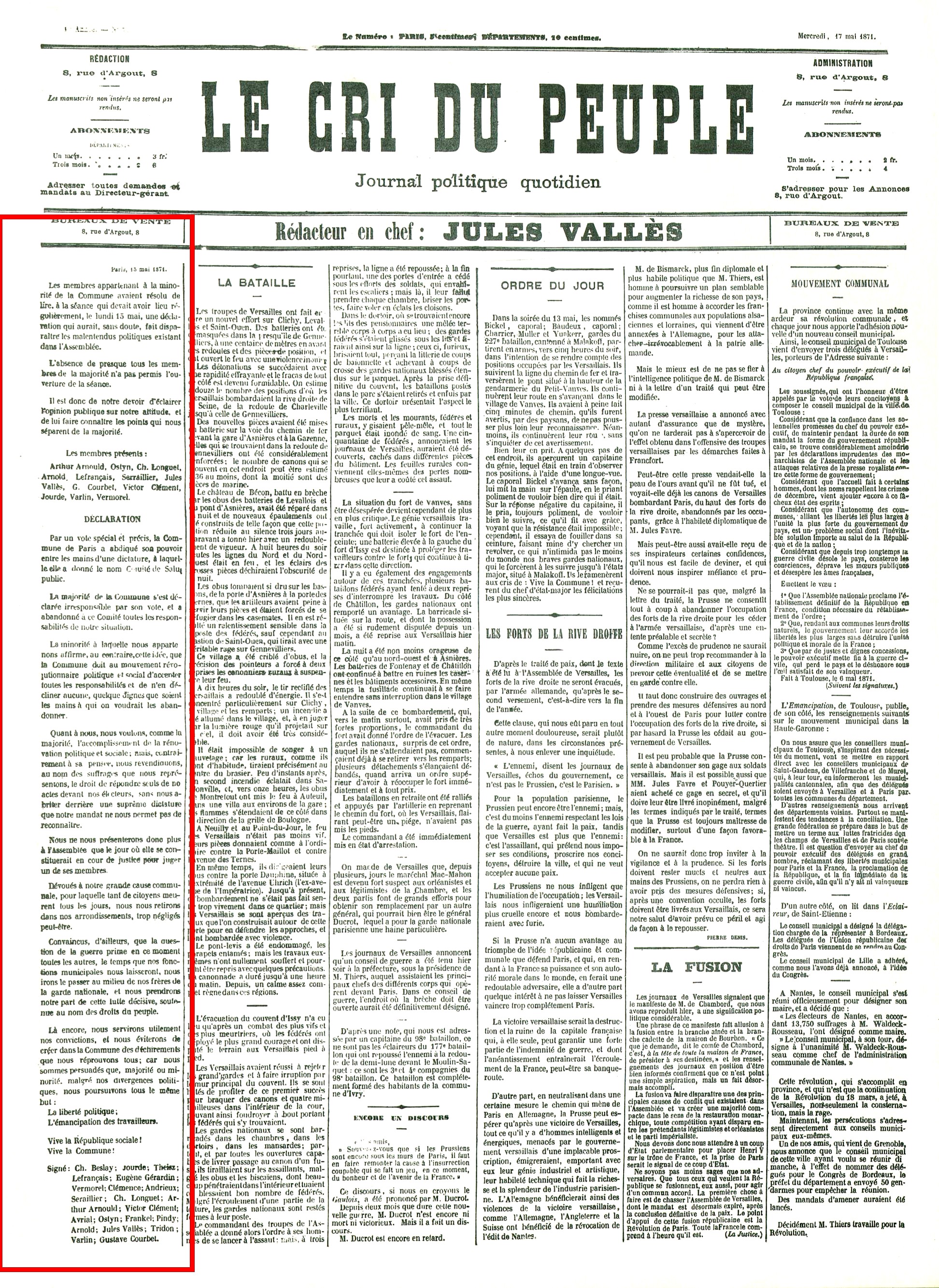Le Cri du Peuple du 17 mai 1871 (pour lire l'article, cliquer sur l'image)
