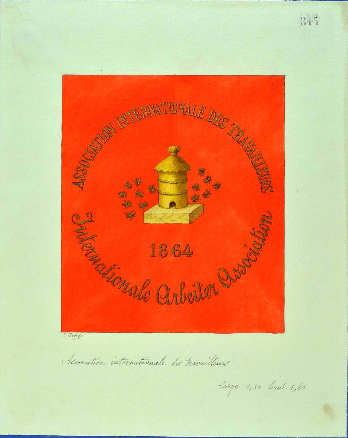 Drapeau genevois de l'Association Internationale des travailleurs en 1864.