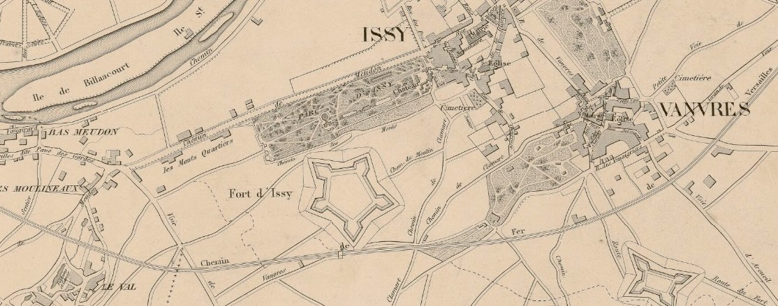 Le fort d'Issy - Plan de Paris fortifié et des communes environnantes - Publié par Andriveau/Goujon, 1844 (source : https://gallica.bnf.fr/ark:/12148/btv1b530852291/f1.item.zoom )