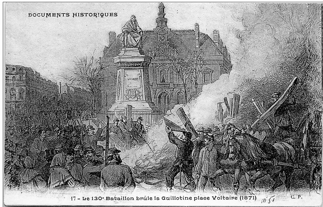 Le 130e bataillon de fédérés brûle la Guillotine place Voltaire le 6 avril 1871
