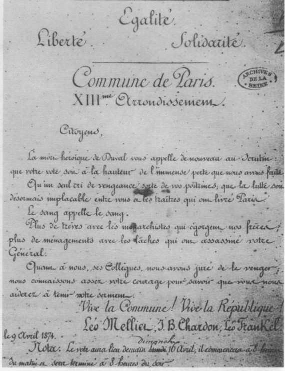 Affiche de la Commune du 9 avril 1871 - Paris XIIIe - Appel à vanger Duval (Source : Gavroche N° 133)