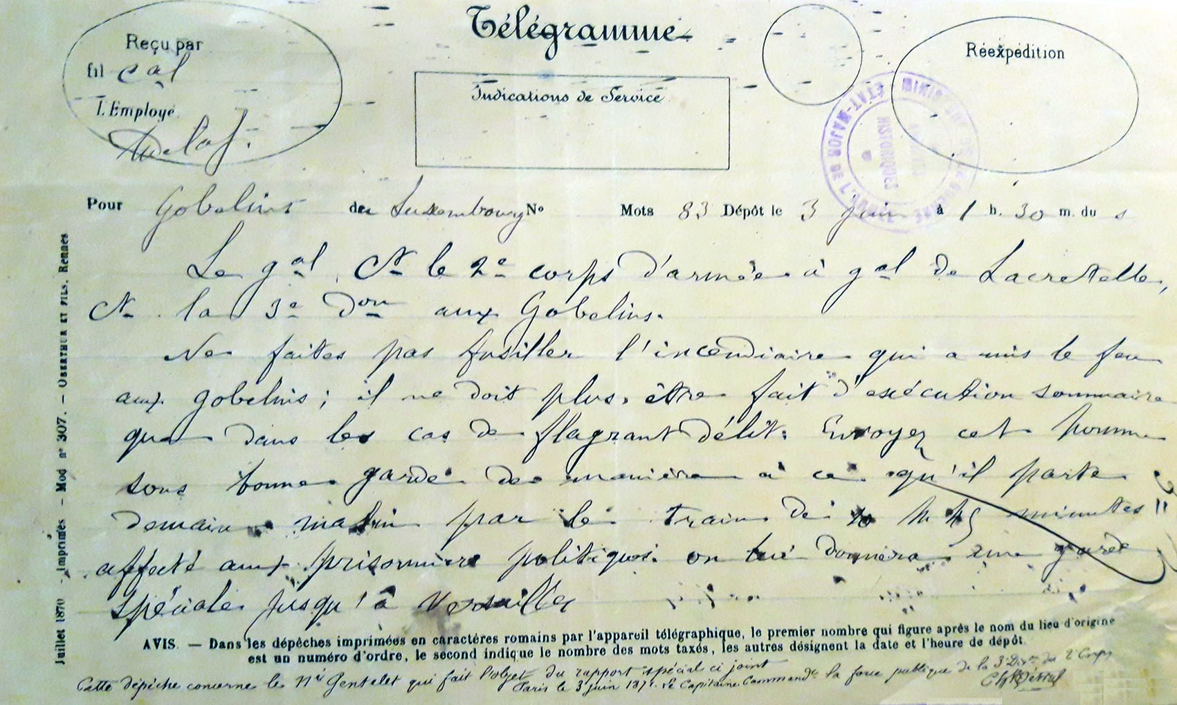 Télégramme du général de Cissey, commandant le 2e corps d’armée, au général de Lacretelle, à la tête de la 3e division