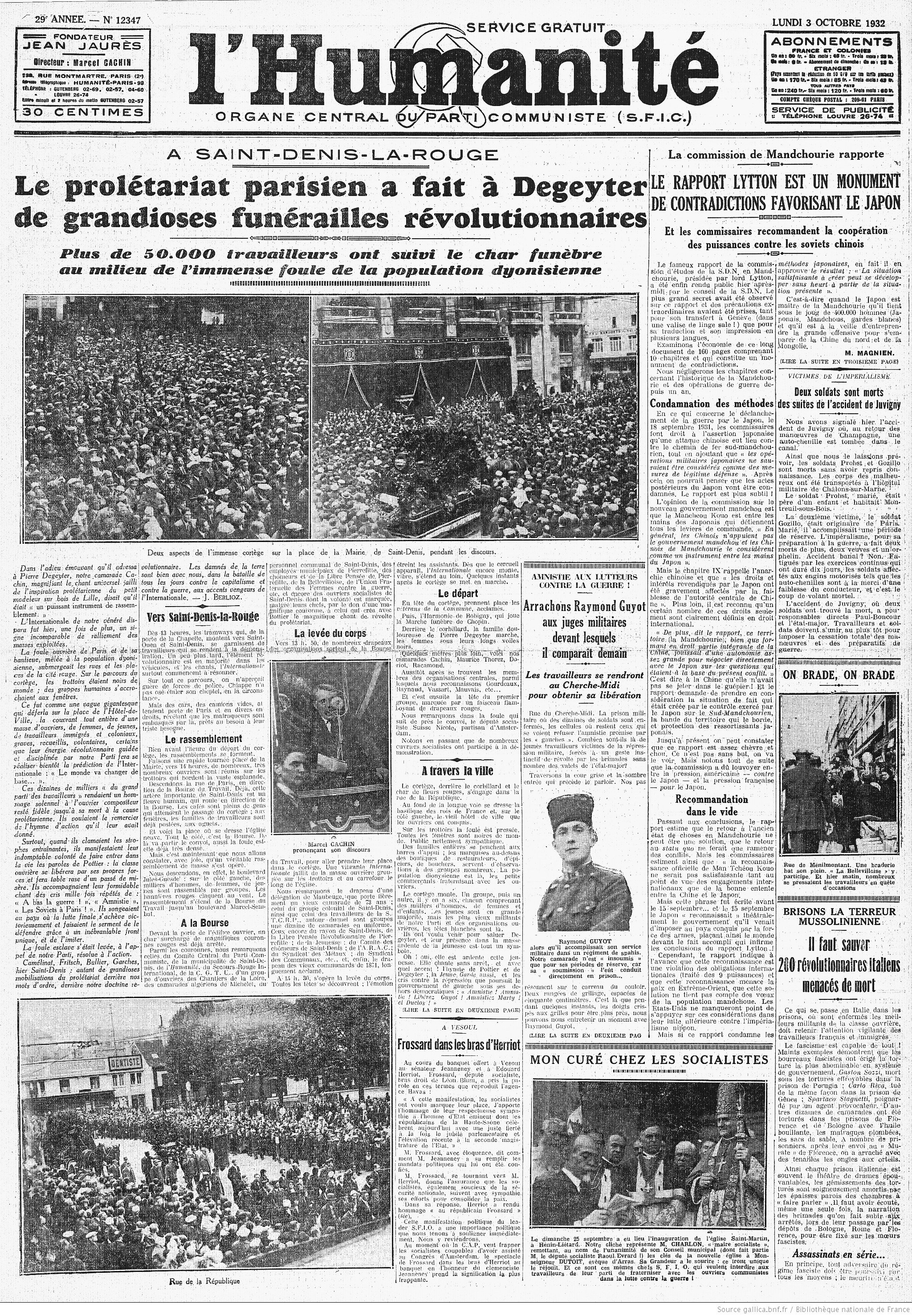 "L'Humanité" du 3 octobre 1932 : funérailles de Pierre Degeyter