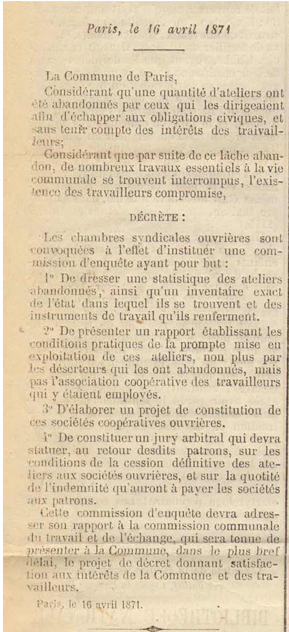 Décret du 16 avril 1871 paru dans le Journal Officiel de la Commune du 20 avril 1871 (source : La presse communarde - archivesautonomies.org)