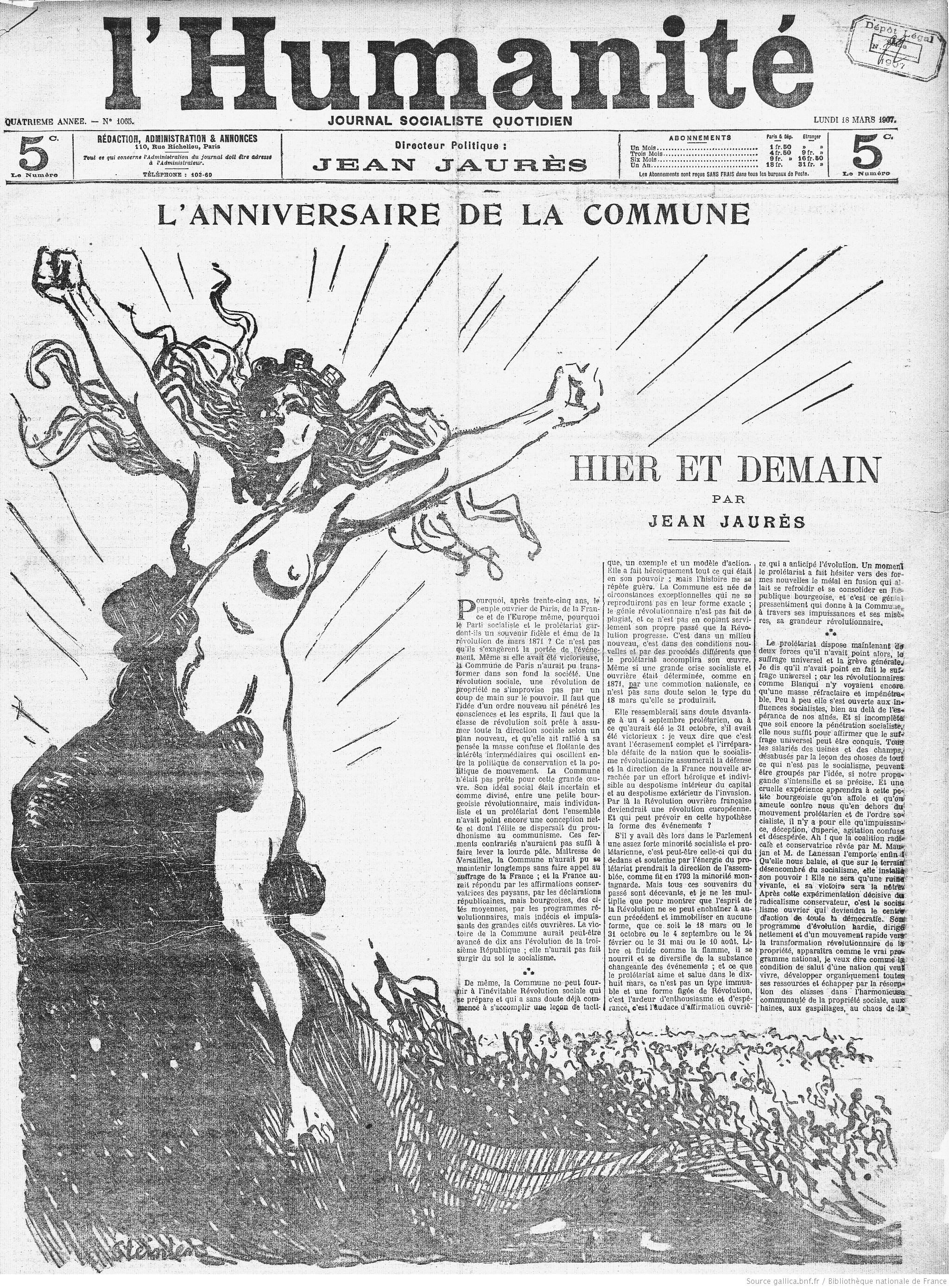 L’Humanité du 18 mars 1907 - Hommage à la Commune par Jean Jaurès (Source Gallica-BNF)