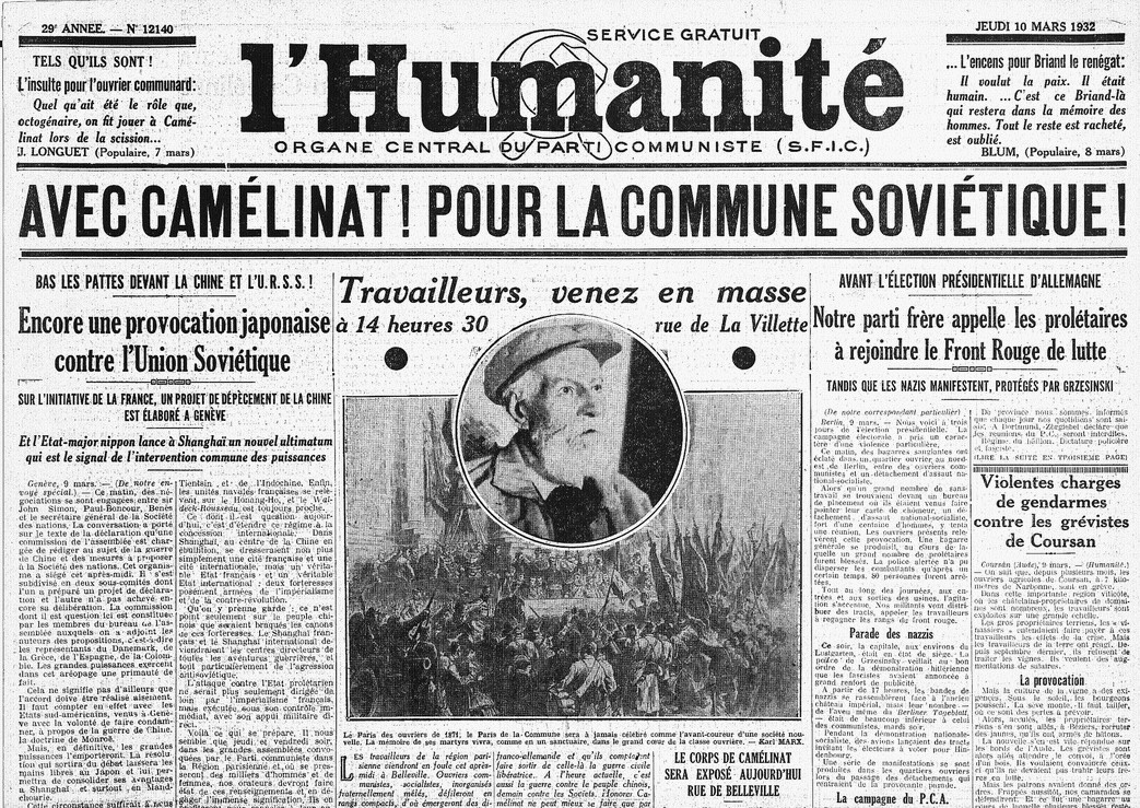Obsèques de Camélinat dans l'Humanité du 10 mars 1932