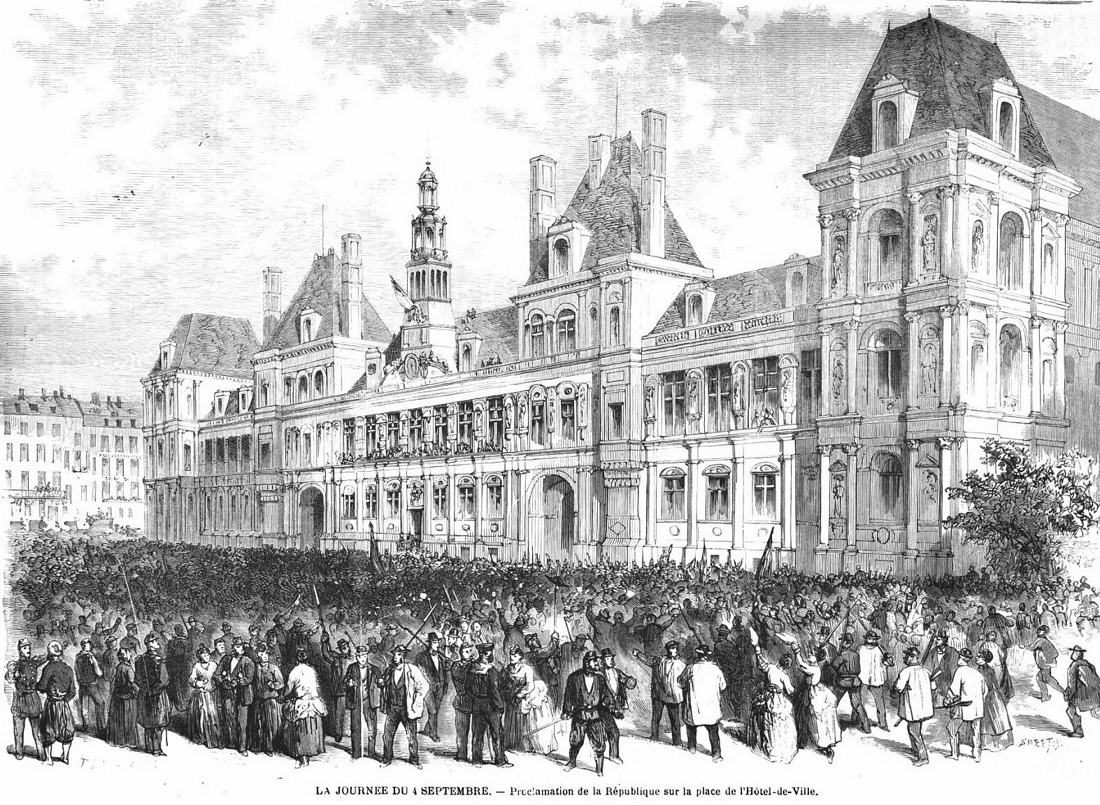 Proclamation de la République, le 4 septembre 1870, sur la place de l'Hôtel de Ville de Paris (source : L'Univers Illustré du 10 septembre 1870)