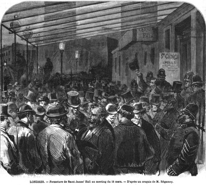 L'Illustration du 30 mars 1872 - Londres anniversaire du 18 mars meeting au Saint-James-Hall par Regamey