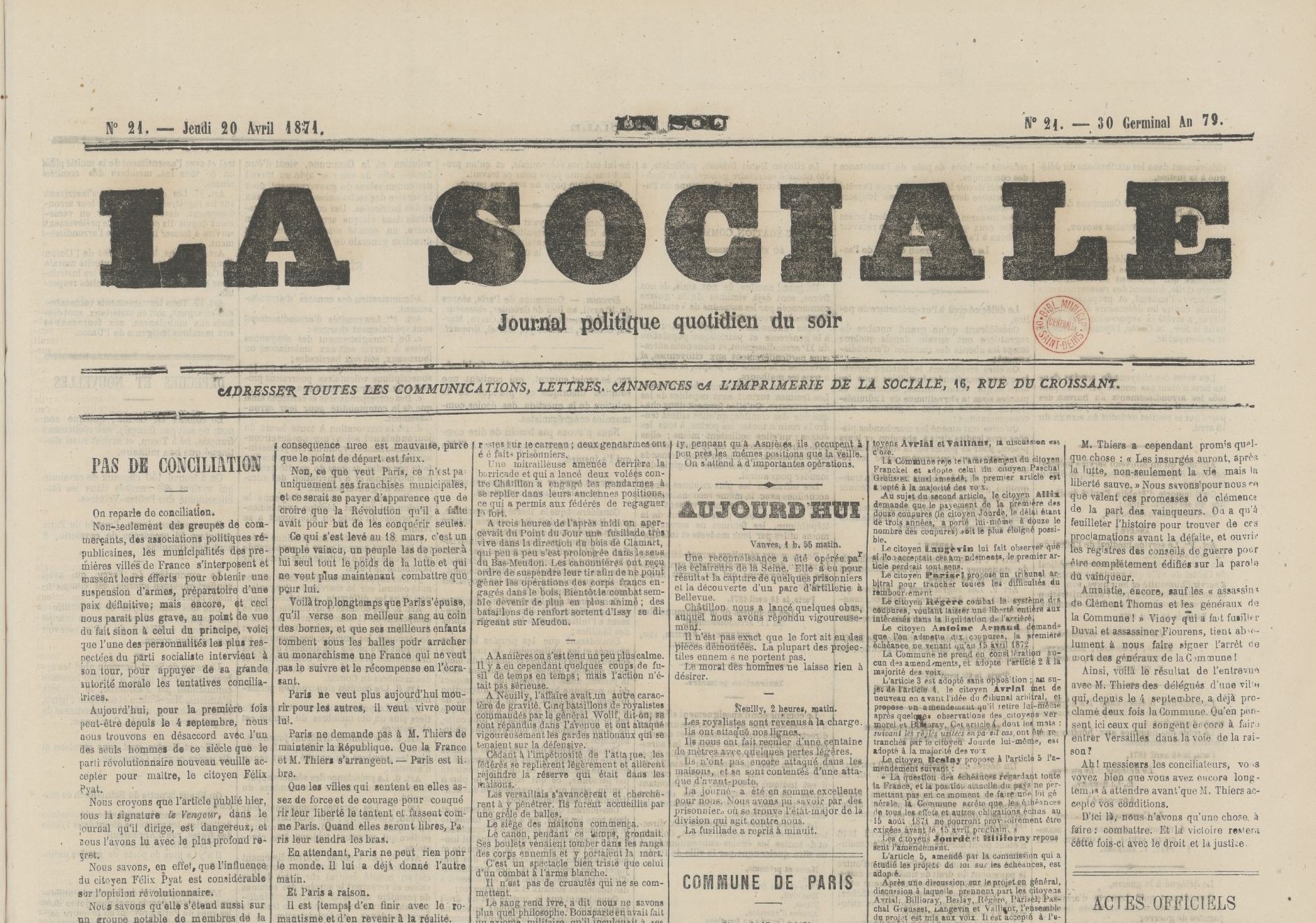 Le quotidien du soir La Sociale (dont André Léo est une des rédactrices) du 20 avril 1871