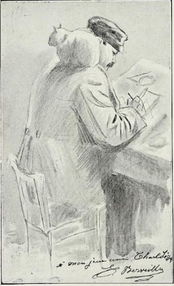 Auguste Lançon gravant sur bois, dessin de E. Berveiller (Gazette des beaux-arts: la doyenne des revues d'art — 5. Pér. 2.1920  Page: 385)