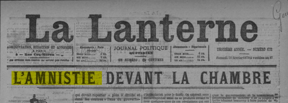 L'amnistie à la Chambre - "La Lanterne" du 22 février 1879 (source RetroNews)