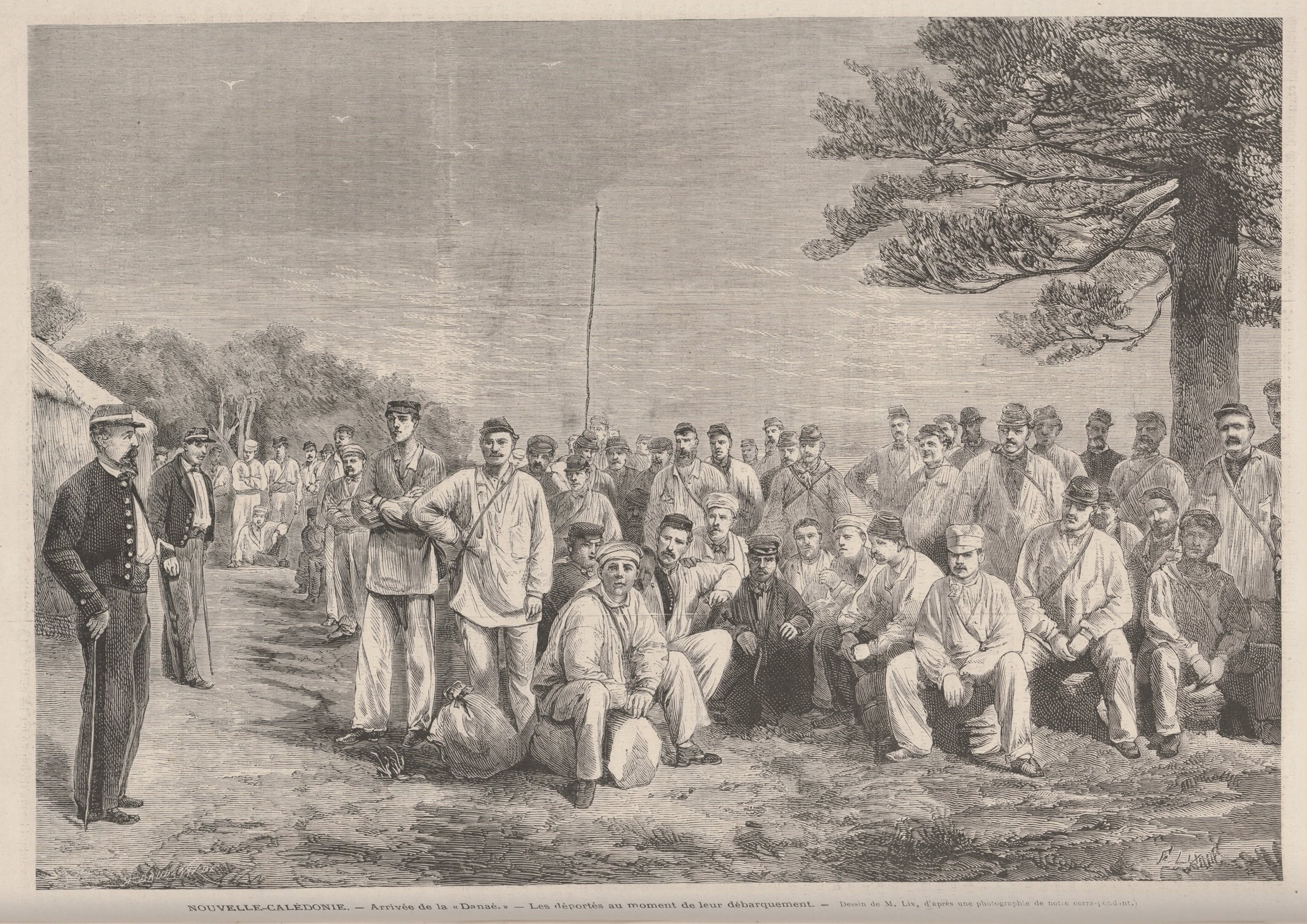 Arrivée de la Danaé en Nouvelle-Calédonie - Les déportés au moment de leur débarquement  - Dessin de M. Lix (Le Monde Illustré du 8 février 1873)