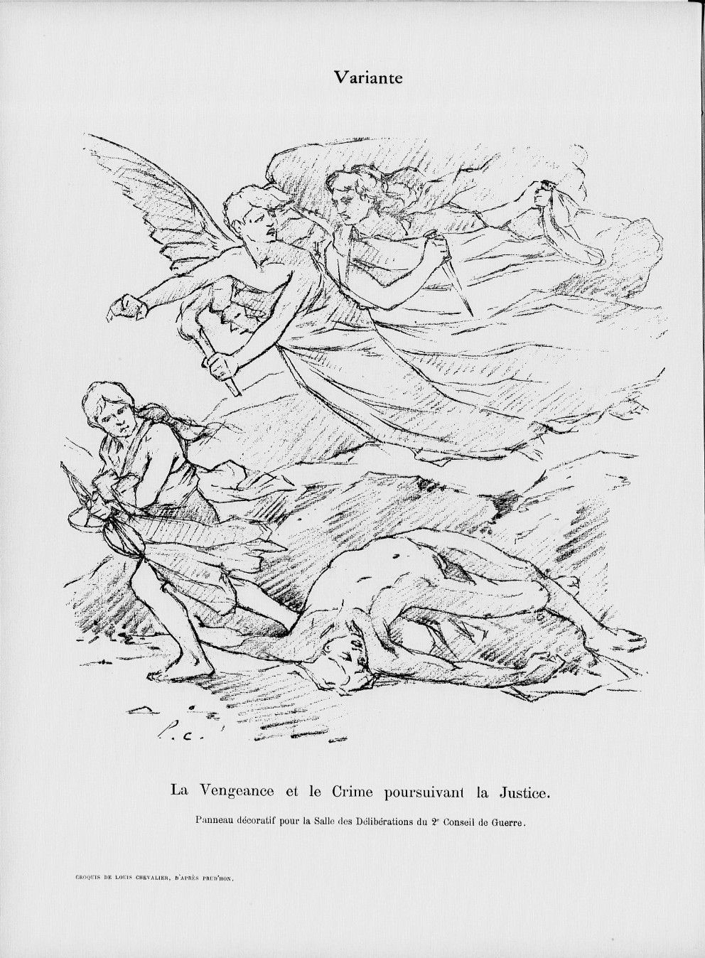 Dessin de Léon Chevallier  "La Vengeance et le Crime poursuivant la Justice" - "Le Sifflet" numéro du 2 décembre 1898 (Source Gallica-BNF) 