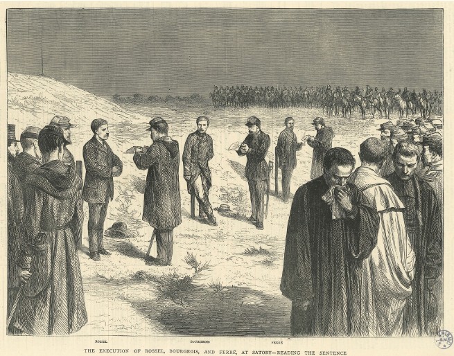 Exécution de Ferré, Bourgeois et Rossel Lecture de l'arrêté du Conseil de guerre à l'exécution du 28 novembre 1871 de Ferré, Bourgeois et Rossel (The Graphic de 1871 - Bibliothèque de Saint-Brieuc)