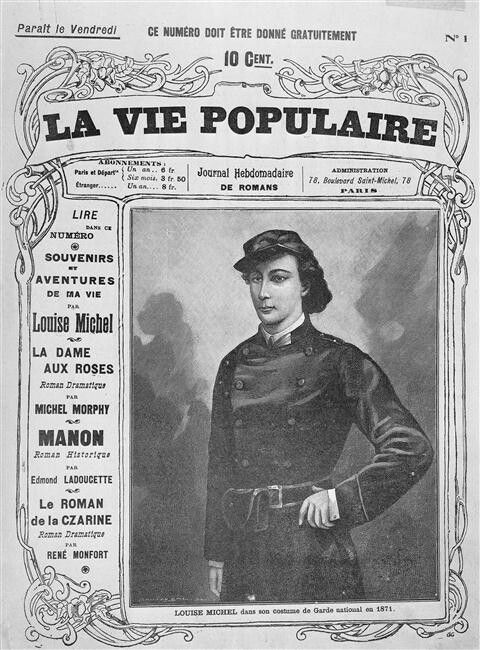 Gravure de Louise Michel (1830-1905) en costume de Garde national en 1871 - Première page du journal "La vie populaire" N°1 (Paris, musée Carnavalet - Photo (C) RMN-Grand Palais / Agence Bulloz)