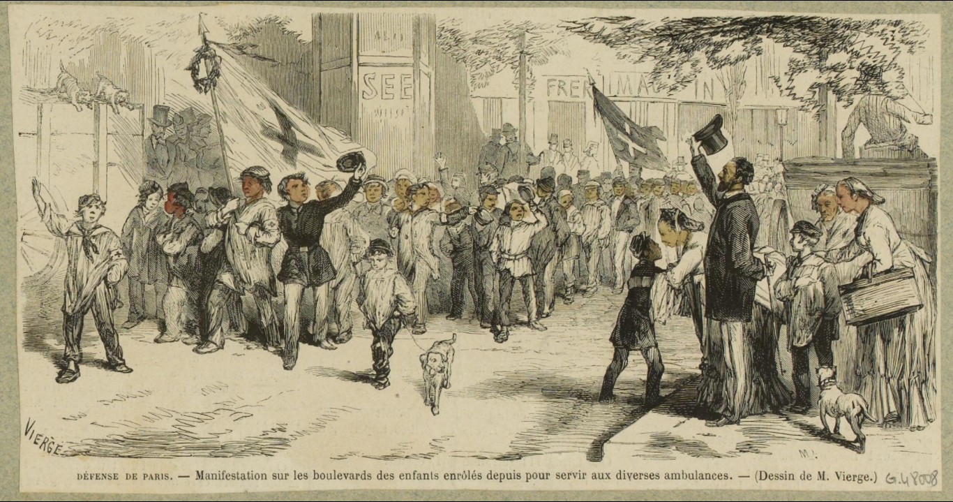DÉFENSE DE PARIS. - Manifestation sur les boulevards des enfants enrôlés depuis pour servir aux diverses ambulances. Dessin D. Vierge 1870 (source Musée Carnavalet)