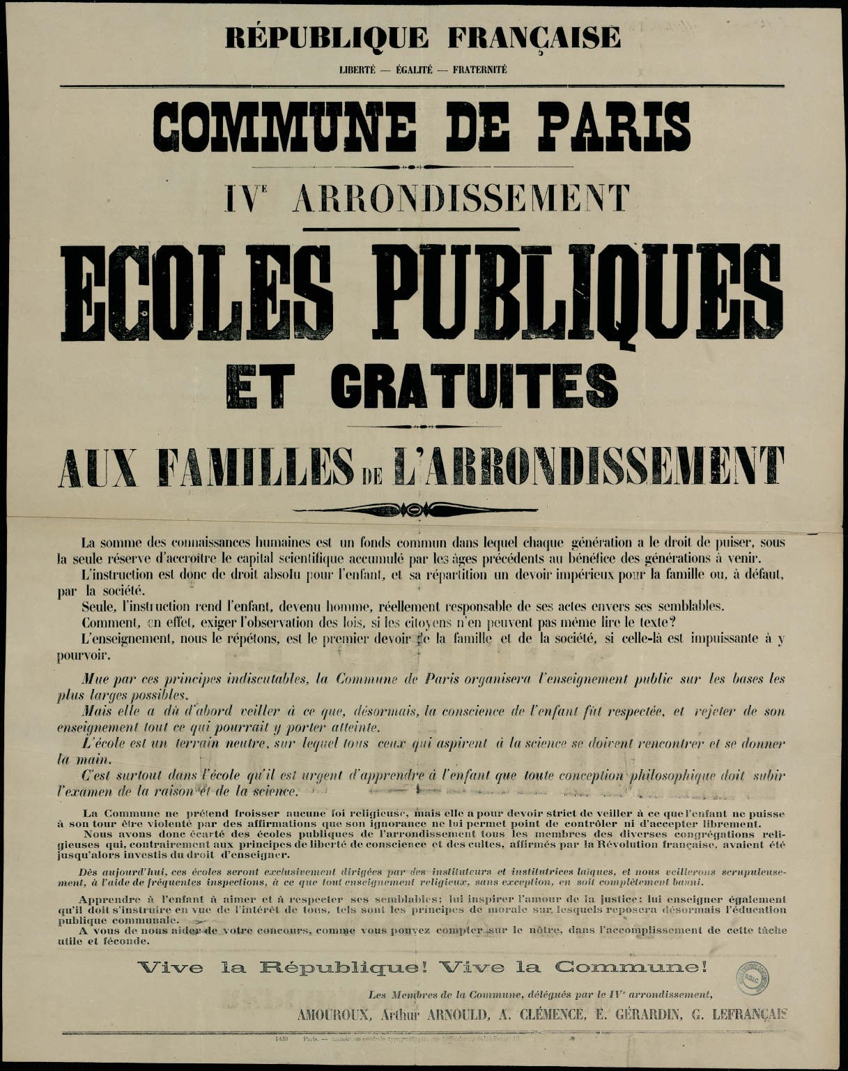 Affiche de la Commune de Paris 1871, IVe arrondissement, école libre et gratuite.