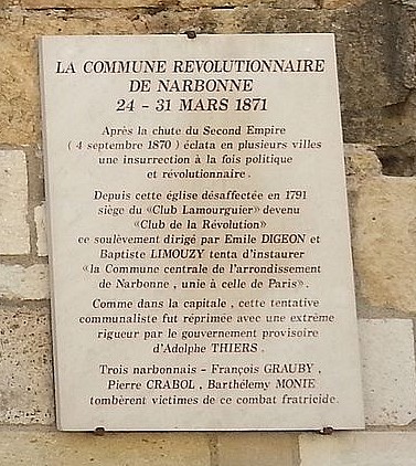 Plaque commémorative de la Commune de Narbonne (Église Notre-Dame de Lamourguier siège du club de la Révolution durant la Commune)