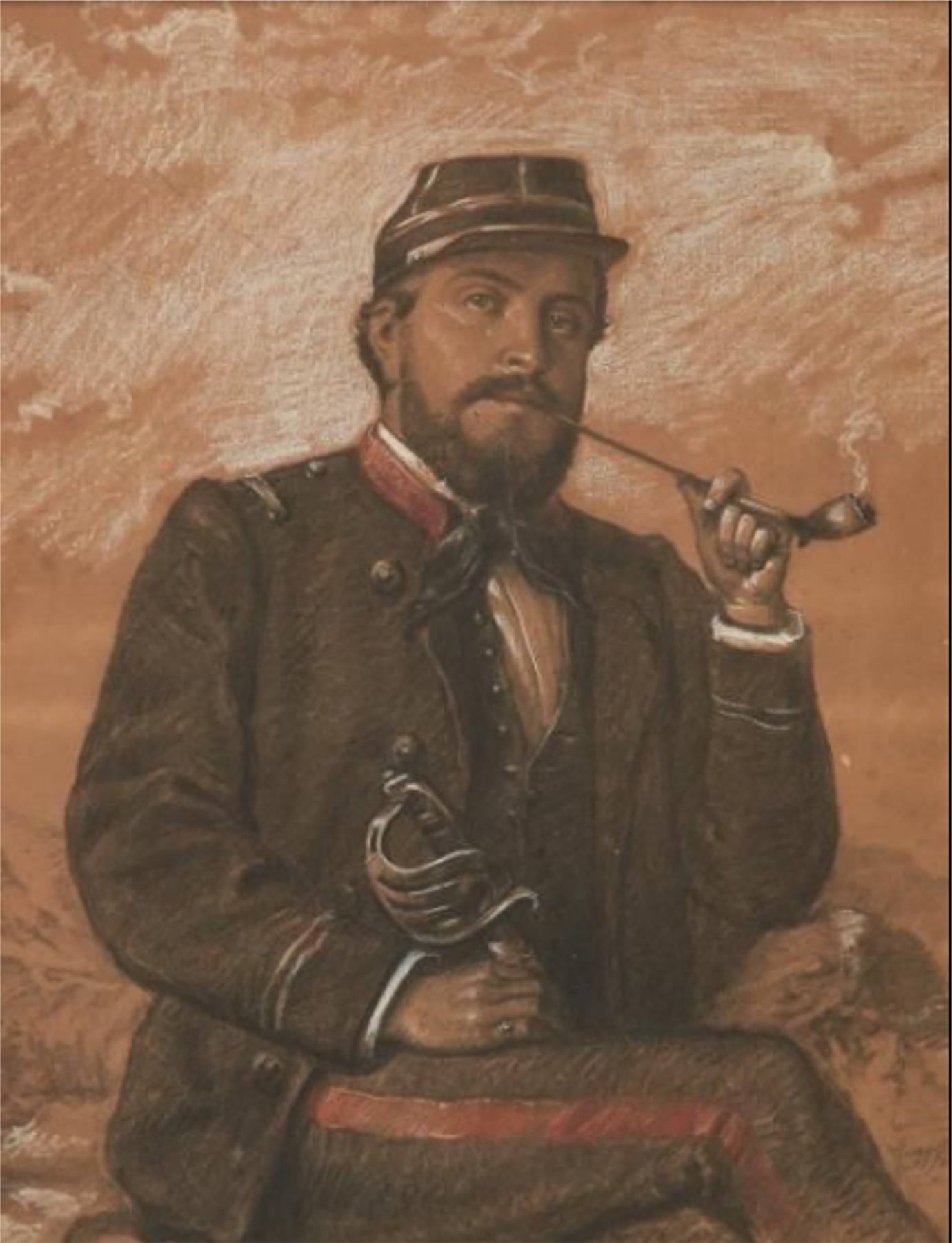 Gabriel Ranvier (1828-1879) - Portrait de Rinaldo [?], 1871. Fusain sur papier brun avec rehauts de gouache blanche et rouge.