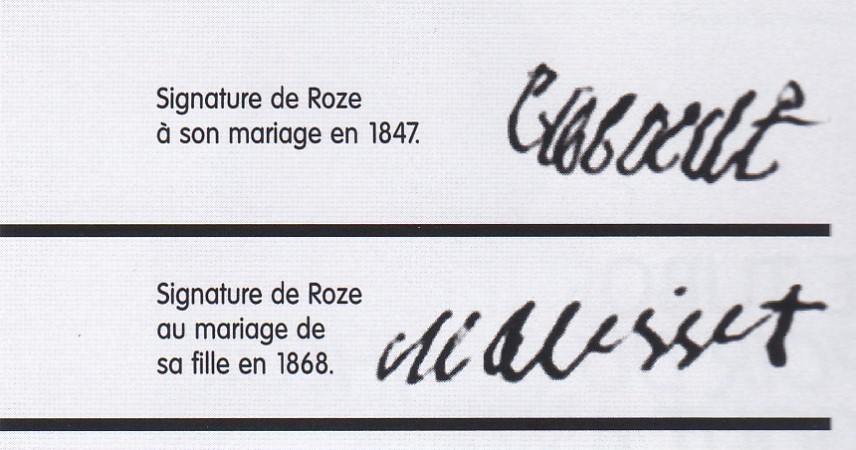 Signature de Roze à son mariage en 1847 et au mariage de sa fille en 1868