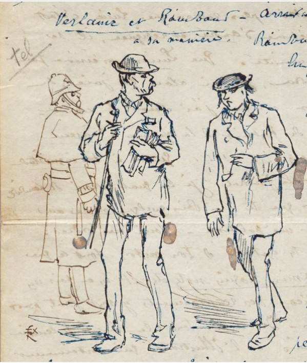 Arthur Rimbaud et Paul Verlaine - RÉGAMEY, Félix ). Lettre autographe signée à son frère Frédéric Régamey, illustrée d'un double portrait de Rimbaud et Verlaine. Londres, le 13 septembre 1872.