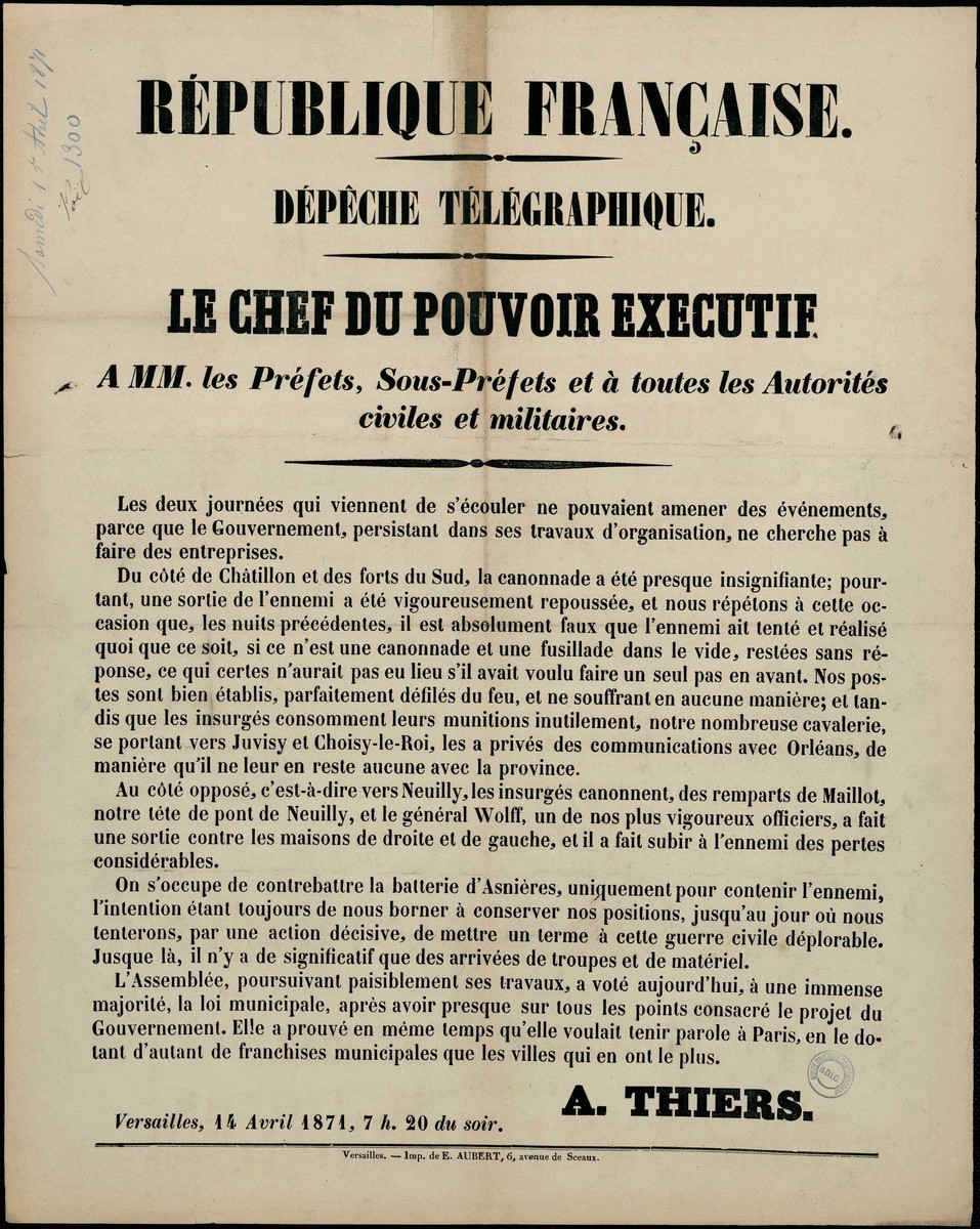 Affiche versaillaise du 14 avril 1871 annonçant la loi municipale (source La contemporaine à Nanterre - anciennement de la BDIC)