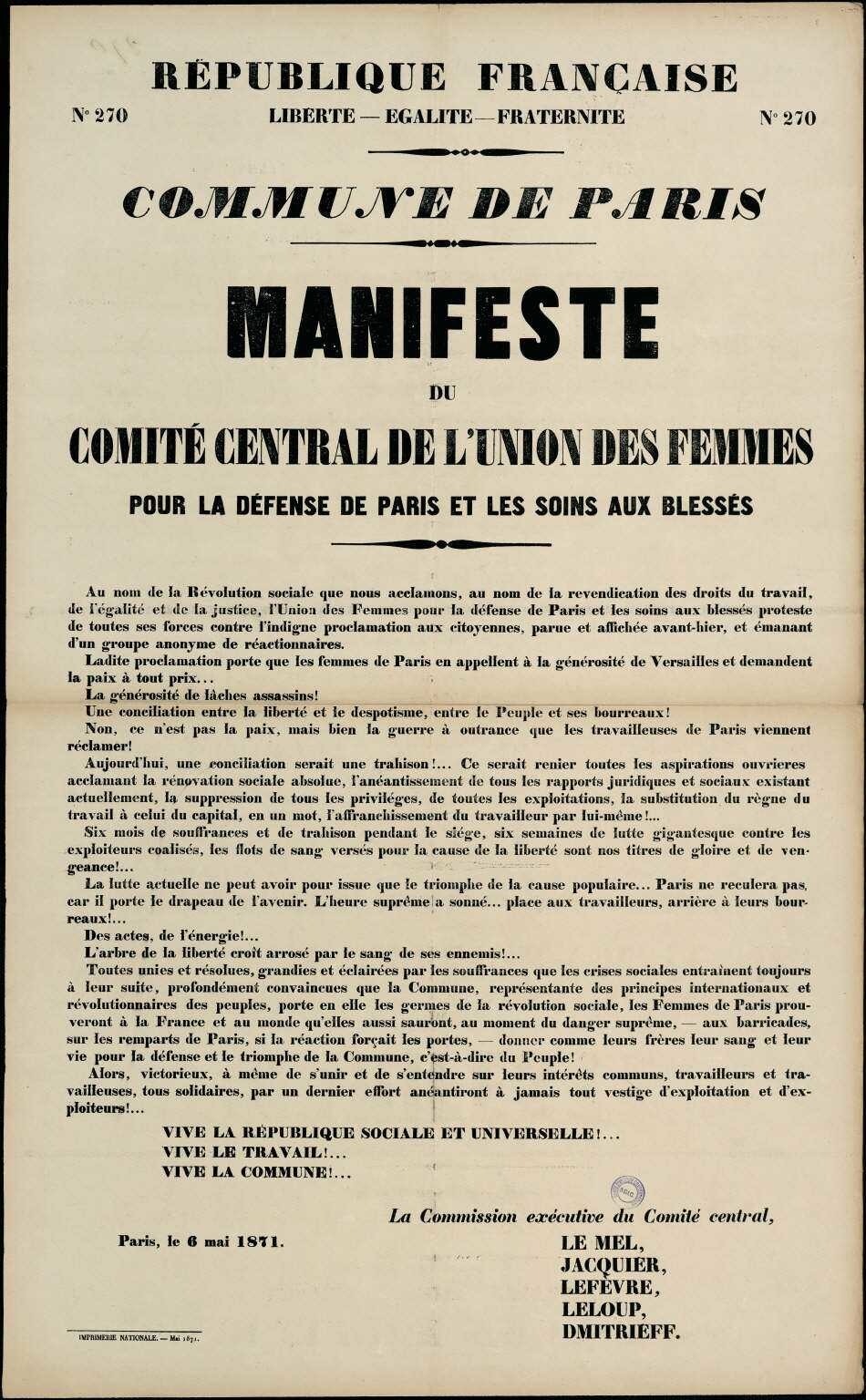 Affiche de la Commune de Paris N° 270 du 6 mai 1871, Manifeste du Comité central de l’union des femmes 