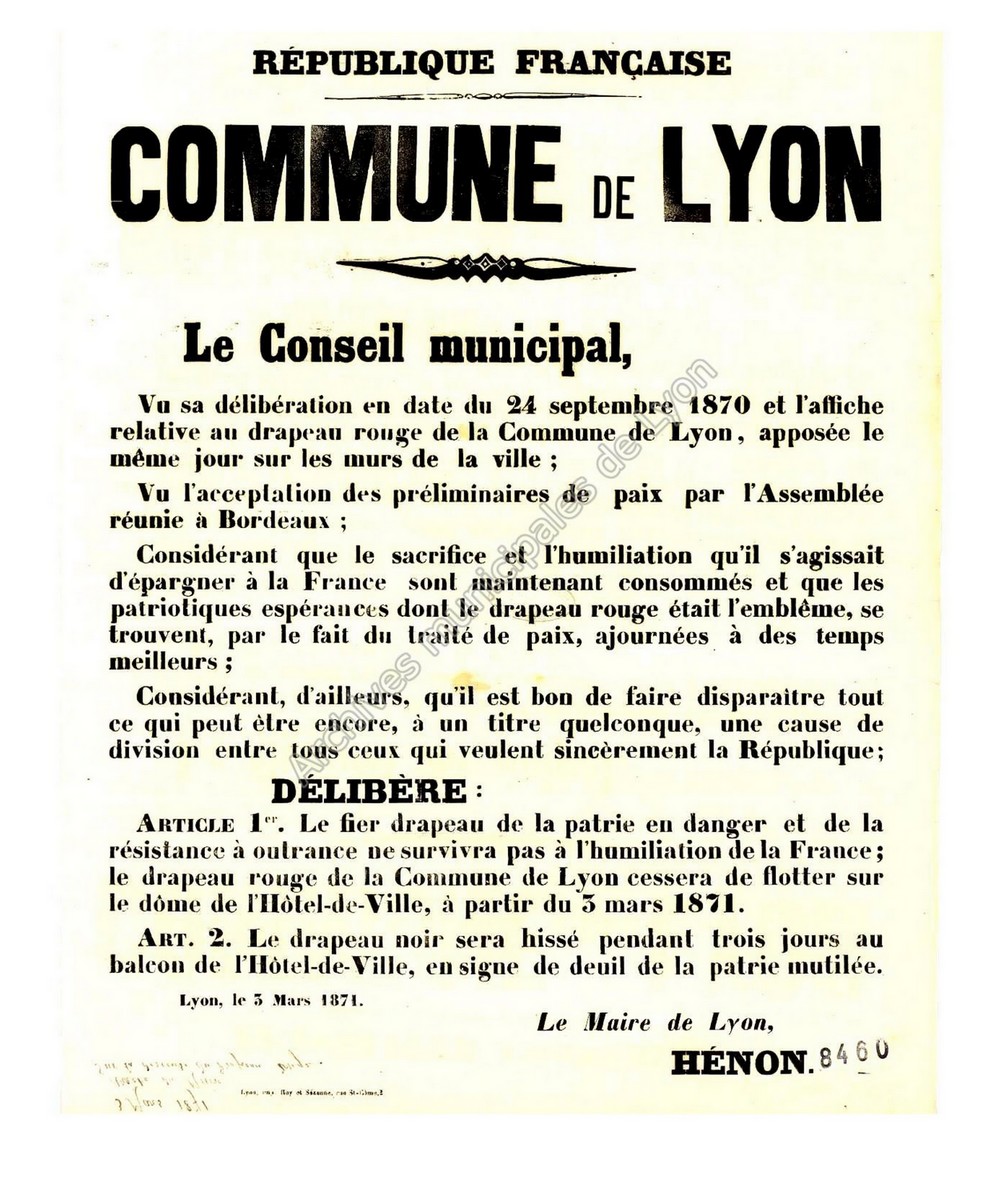 Affiche de la Commune de Lyon du 3 mars 1871 (Hénon maire de Lyon)