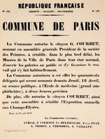 Affiche de la Commune de Paris N° 128 du 12 avril 1871 - Autoriasation à Courbet pour ouverture des musées (source : La Contemporaine – Nanterre / argonnaute.parisnanterre.fr)