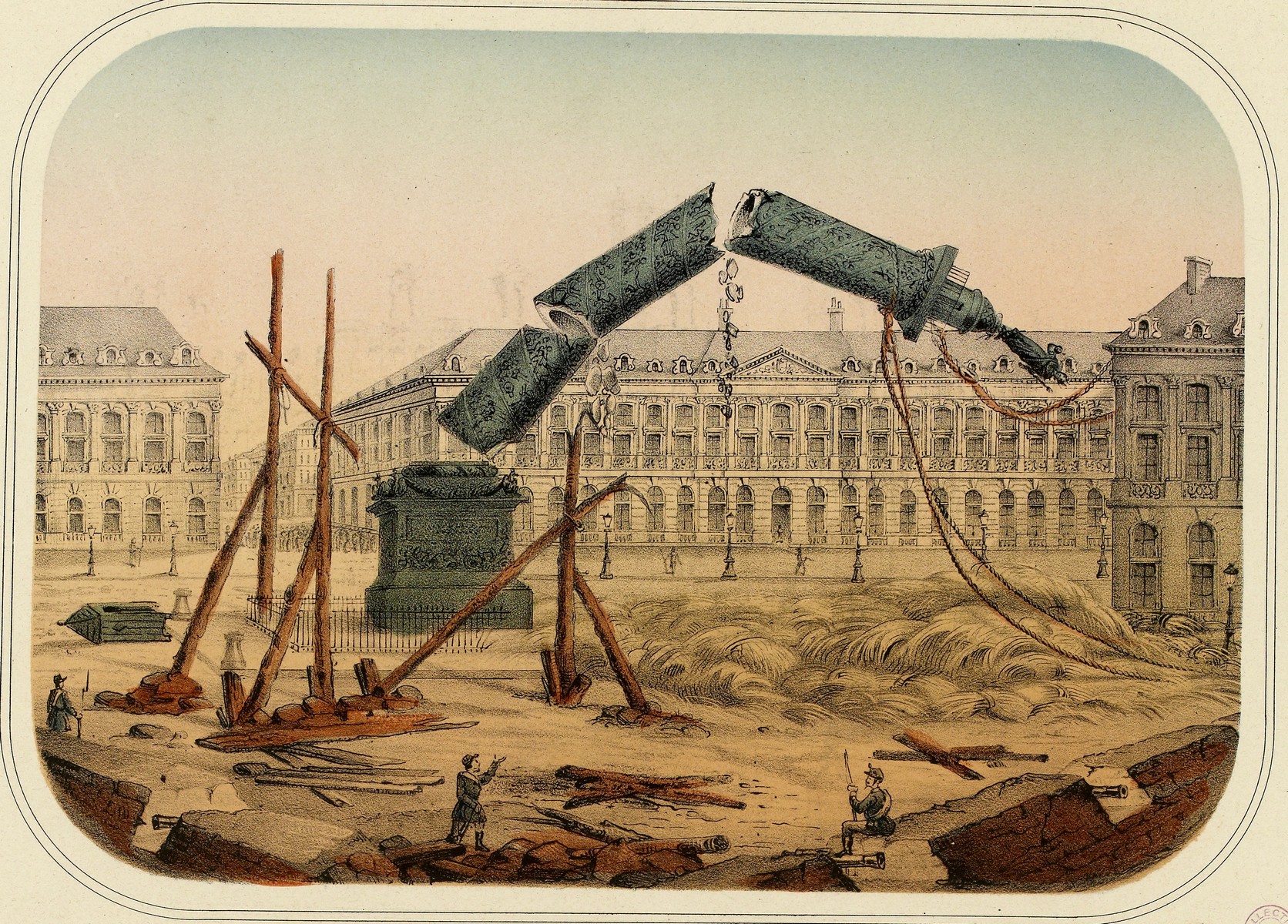 La colonne Vendôme démolie le 16 mai 1871 - Lithographie anonyme  (source : © Musée Carnavalet – Histoire de Paris)