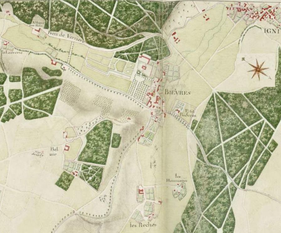Bièvres – Atlas de Trudaine (1745 à 1780) : Section A – Giry – Belair, Château, Gizy, Ferme 