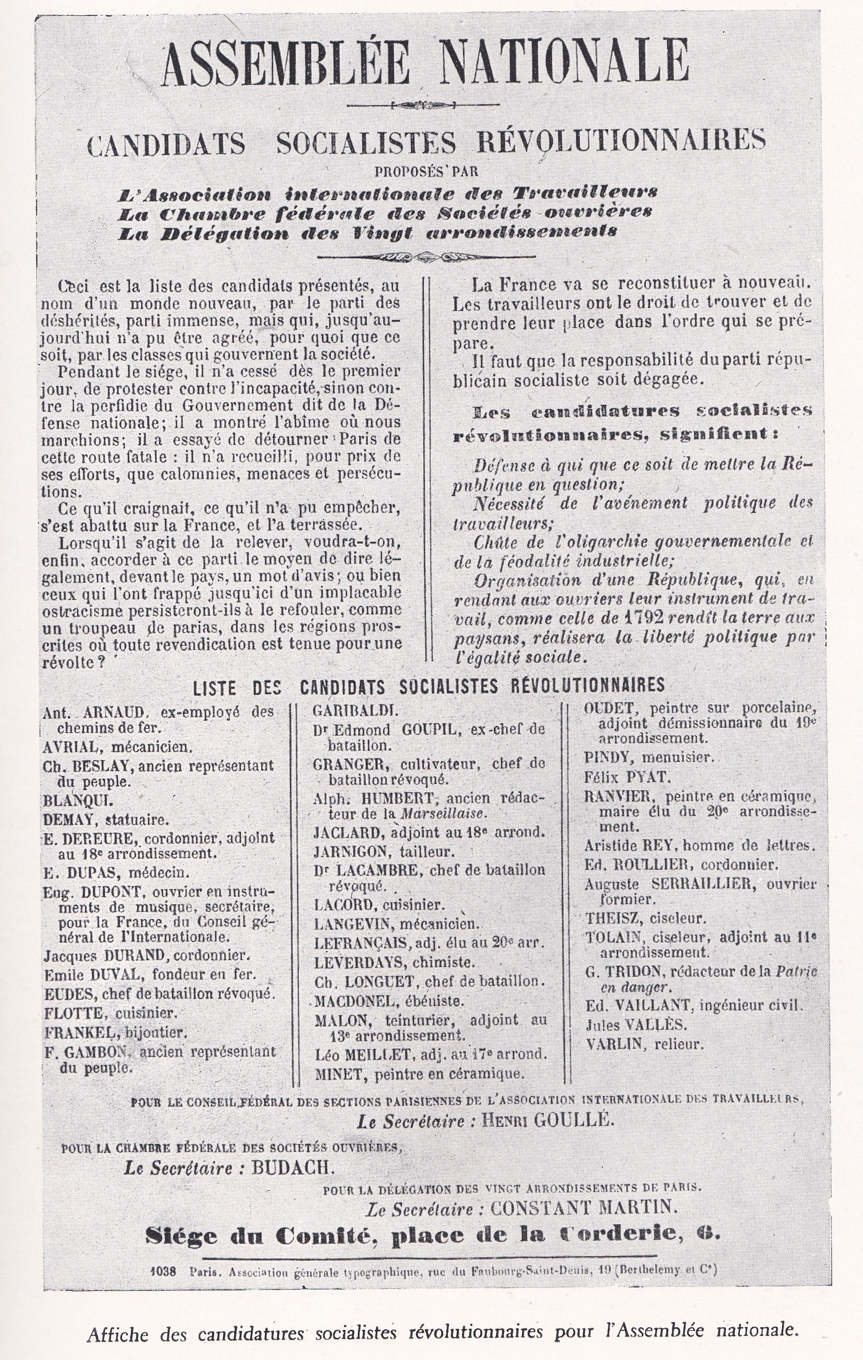 Affiche électorale des candidats socialistes révolutionnaires aux législatives du 8 février 1871