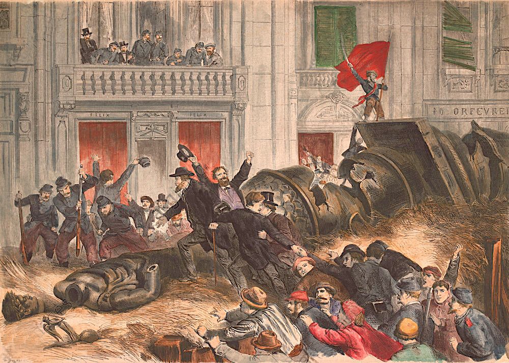 “La chute de la colonne Vendôme” (16 mai 1871) - Gravure sur bois, 1872, coloriée post. (source :  ©AKG-images Berlin, Sammlung Archiv für Kunst und Geschichte)