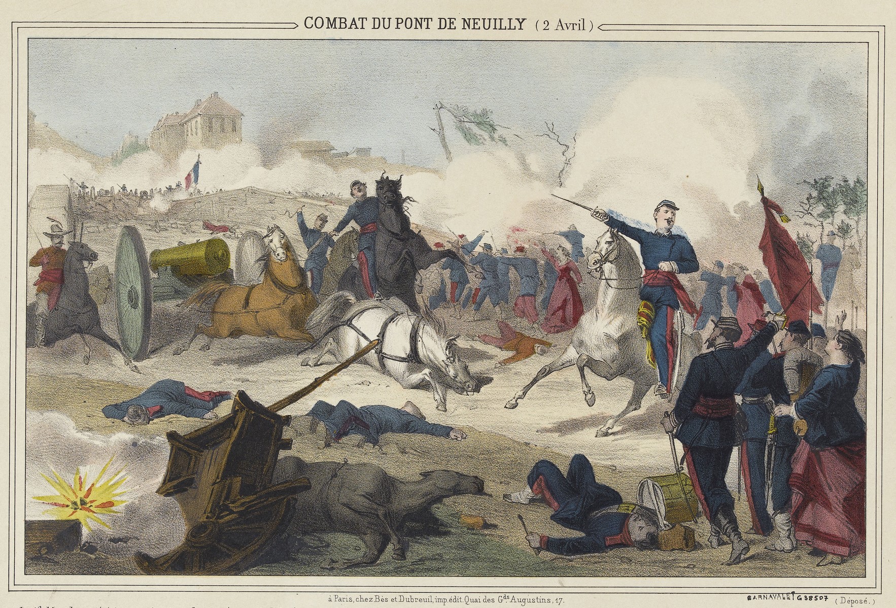 Combat du pont de Nauilly, 2 avril 1871 - Lithographie coloriée (source : © Musée Carnavalet - Histoire de Paris)