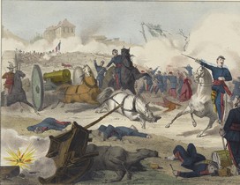 Combat du pont de Neuilly (2 avril)  - Lithographie coloriée (Musée Carnavalet, Histoire de Paris)