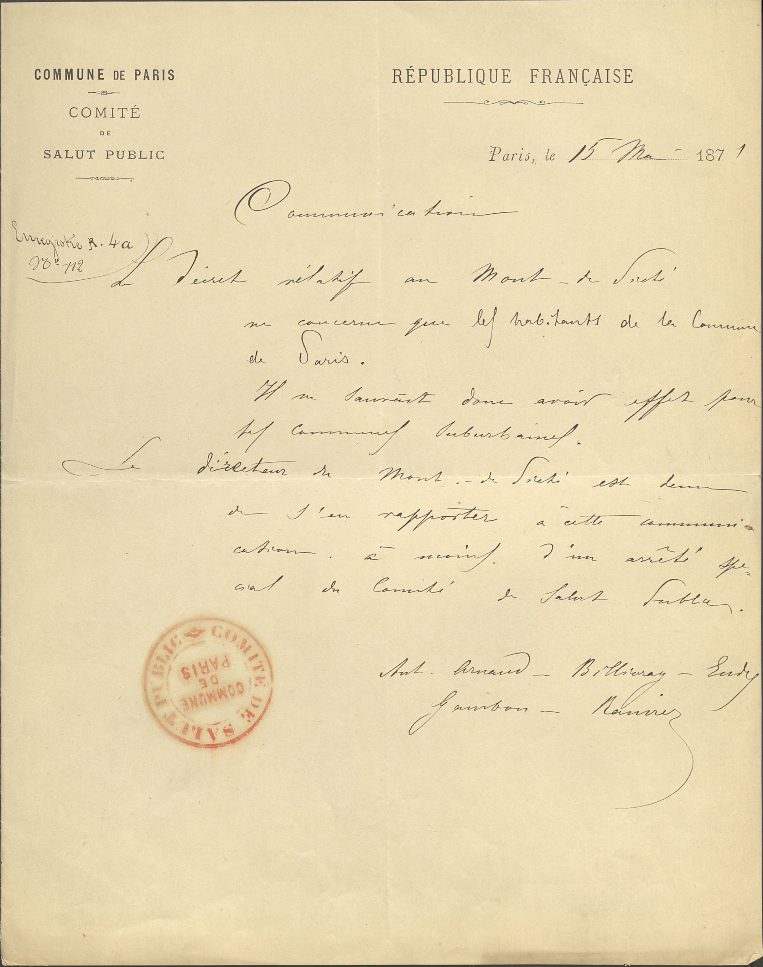 Communication du Comité de salut de public adressée au Mont-de-Piété de Paris, 15 mai 1871. (Archives de Paris, 1ETP 605.)