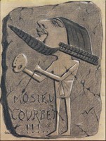 Courbet par Nadar. Journal amusant, 11 décembre 1858 - Portrait-charge de Courbet en Assyrien (vers 1855, dessin au fusain sur papier brun rehaussé à la gouache blanche)