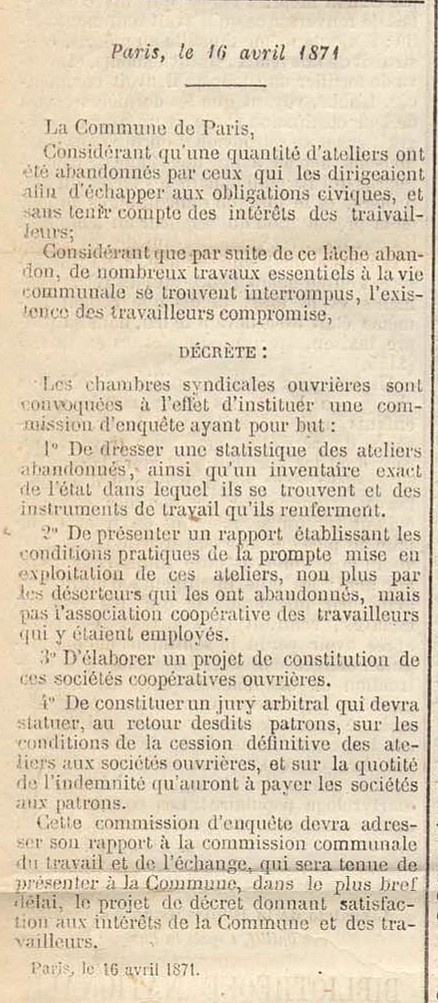 Journal Officiel de la Commune du 17 avril 1871 - Décret du 16 avril 1871 relatif aux ateliers abandonnés par leurs patrons