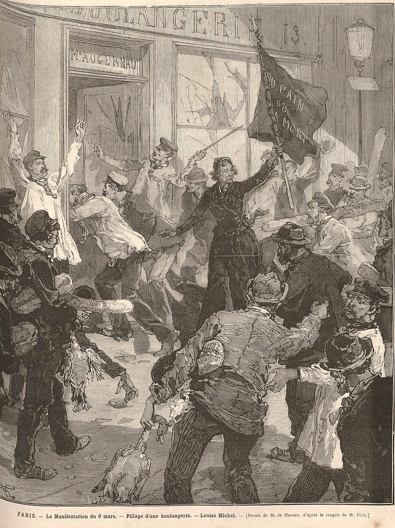 Manifestation du 9 mars 1883. Pillage d’une boulangerie. Louise Michel brandit un drapeau noir (Le Monde Illsutré N°1355 du 17 mars 1883 - Gallica/Bnf)