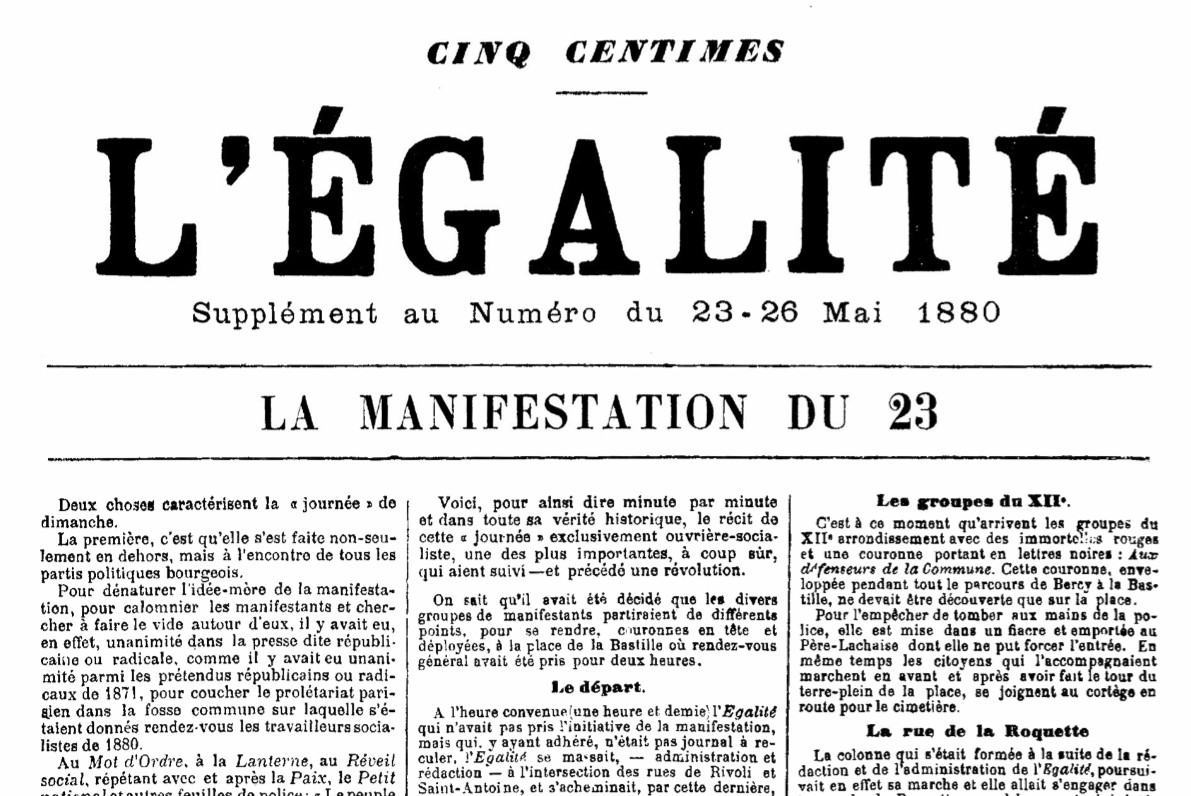 L’Egalité supplément au  numéro 23-26-mai 1880 (Source blog de Michele Audin : https://macommunedeparis.com/2016/07/20/la-premiere-manifestation/)