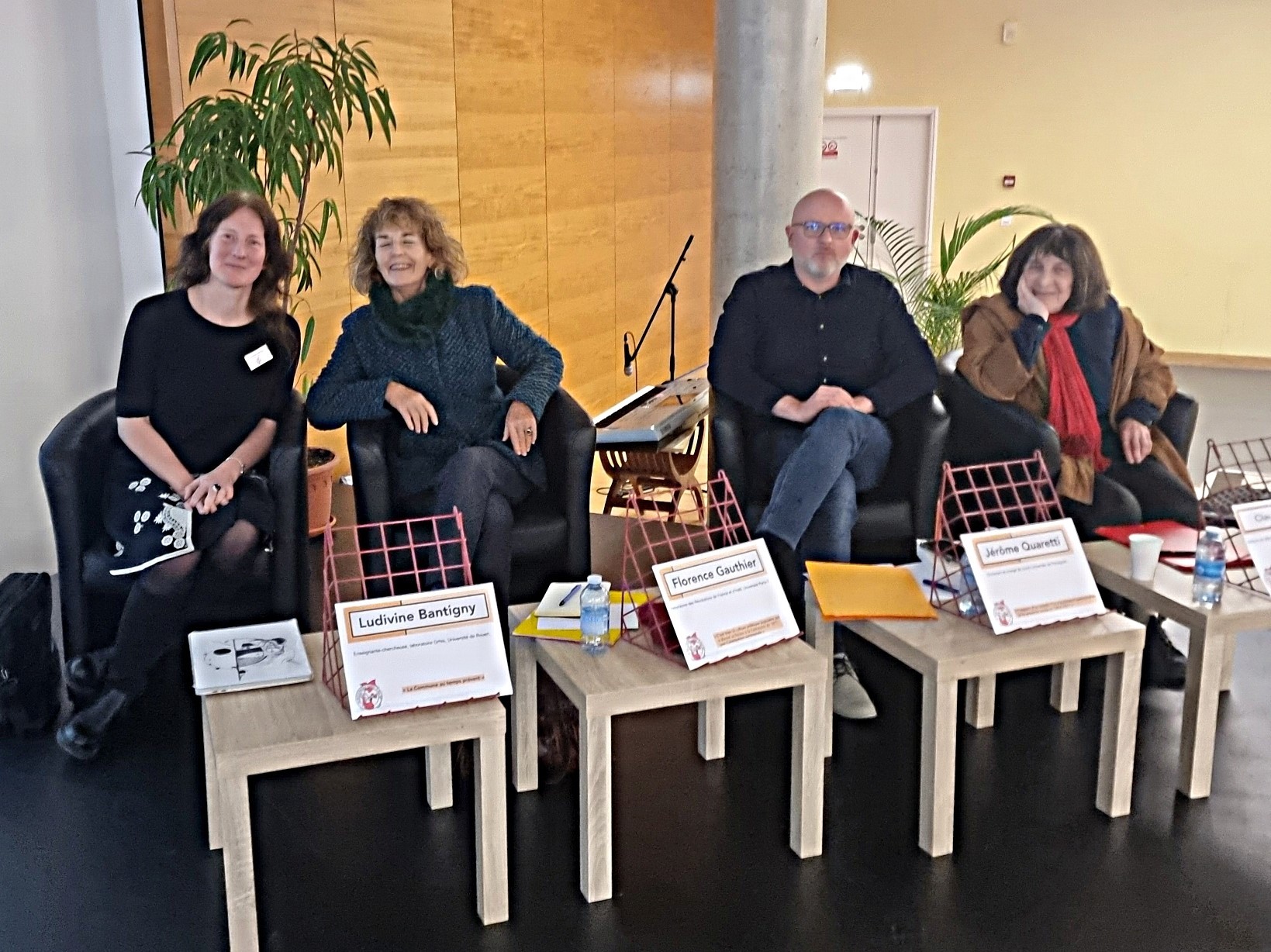 Colloque à Issoudin du 23 mars 2024 (de g. à dr. : Ludivine Bantigny, Florence Gauthier, Jérôme Quaretti, Claudine Cerf)