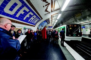 Inauguration d’un panneau culturel de la RATP sur le quai de la station de métro Jules-Joffrin - 28 mars 2018