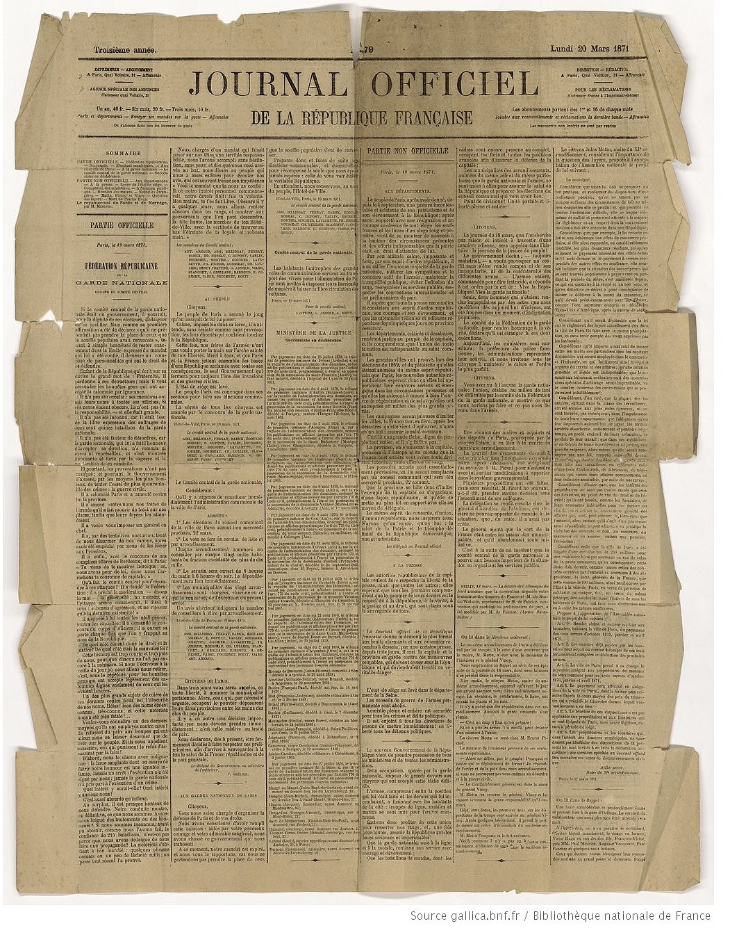 Journal officiel de la République Française (édition de la Commune) N° 79 daté du 20 mars 1871 (source : gallica.bnf.fr)