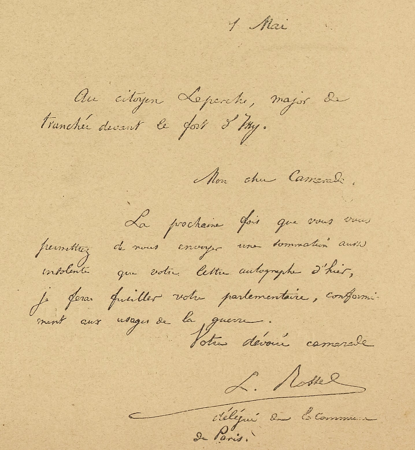 Lettre autographe de Rossel du 1 mai 1871 (© Musée Carnavalet – Histoire de Paris)