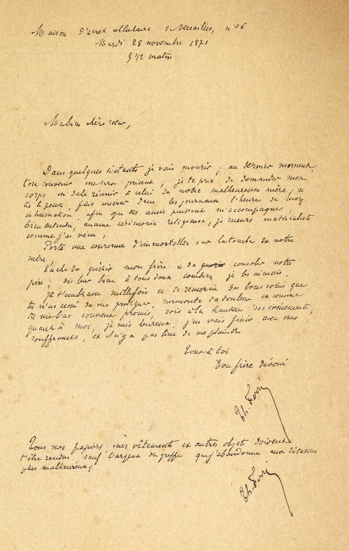 Lettre de Ferré à sa sœur, le matin de son exécution le 28 novembre 1871  - Maison d'arrêt cellulaire de Versailles (© Musée Carnavalet - Histoire de Paris)