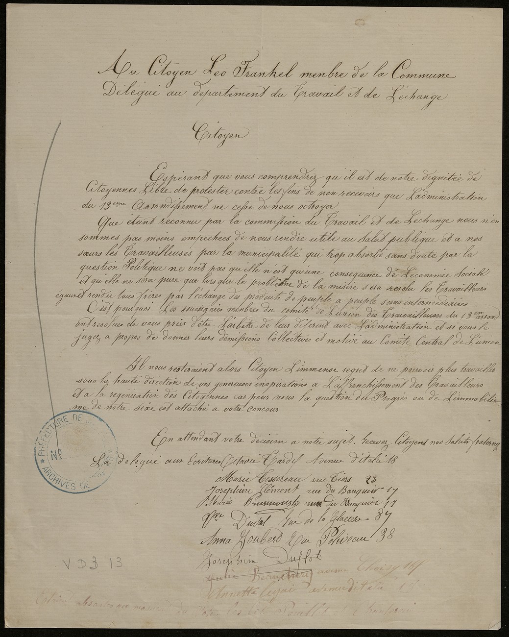 Lettre des membres du comité de l’Union des travailleuses du 13e arrondissement à Léo Frankel, s.d. [après le 24 avril 1871]. Archives de Paris, VD3 9.