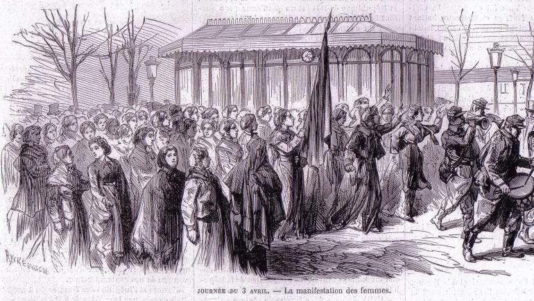gravure représentant un cortège lors de la manifestation des femmes journée du 3 avril 1871