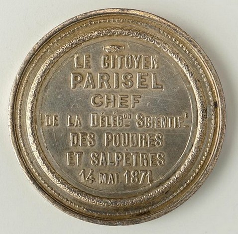 Médaille en l'honneur de François-Louis Parisel (1841-1878), chef de la délégation scientifique des poudres et salpêtres de la Commune de Paris, 14 mai 1871 (source Musée Carnavalet - Histoire de Paris)