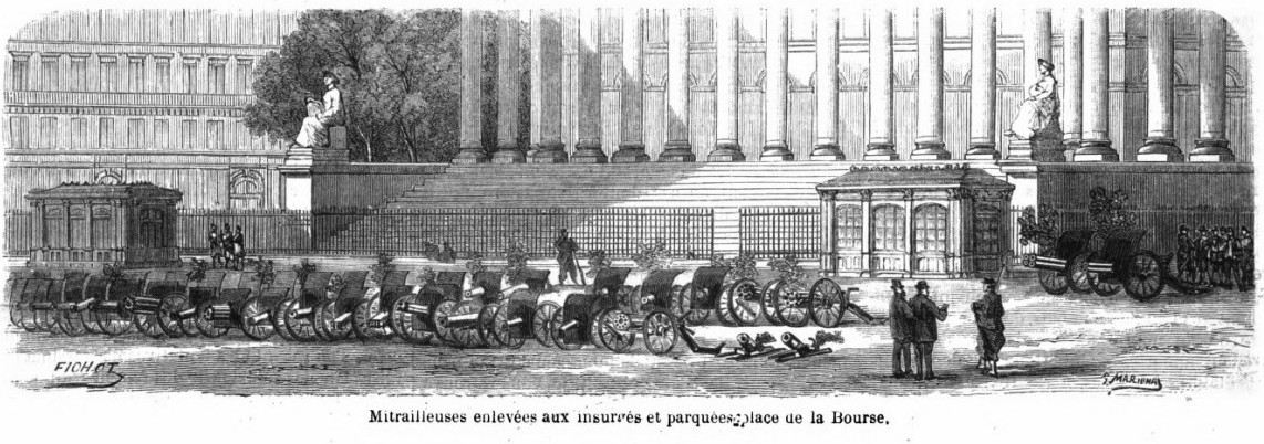 Mitrailleuses prises aux communards place de la Bourse (Source : L'Illustration du 3 juin 1871)