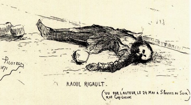Raoul Rigault, le procureur de la Commune, assassiné d’une balle dans le crâne, rue Gay-Lussac (n° 26) le mercredi 24 mai 1871 - Dessin de Pilotell  (source : © Musée Carnavalet – Histoire de Paris)